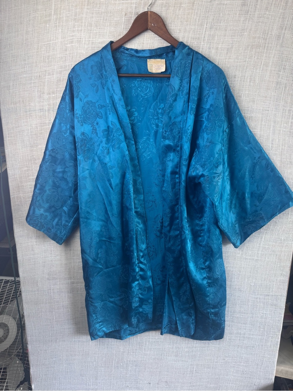 Teal Satin Floral-Patterned Kimono Jacket for Women